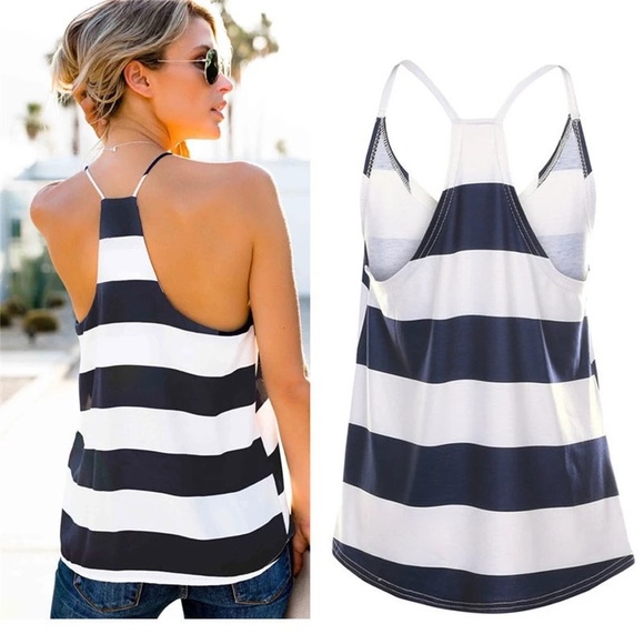Navy & White Striped Racerback Tank Tops - Picture 4 of 4